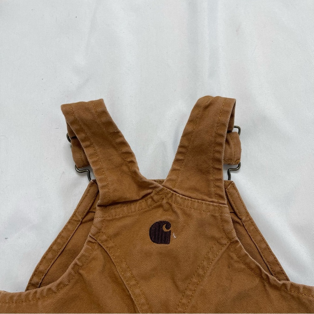 Carhartt Canvas Tan Brown Button Snap Bib Overalls Onesie Jumpsuit Size 12M - Picture 5 of 5